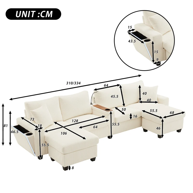 Canapé d'angle en U en velours côtelé beige avec 2 poufs coffres, lampe, ports USB/Type-C et LED 334x128,5x81cm FLAREVORN