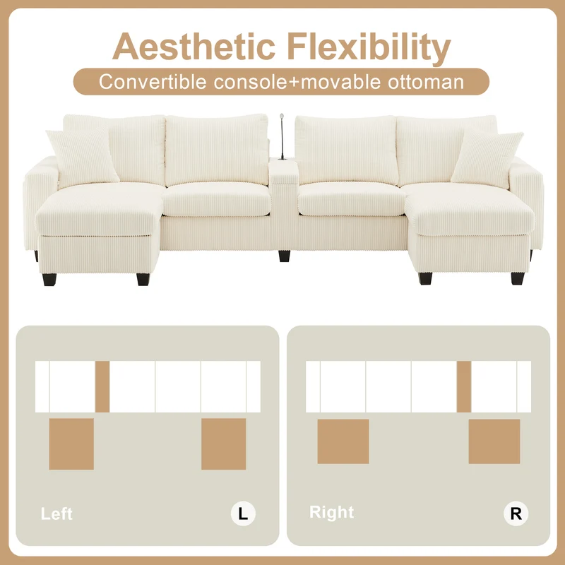 Canapé d'angle en U en velours côtelé beige avec 2 poufs coffres, lampe, ports USB/Type-C et LED 334x128,5x81cm FLAREVORN
