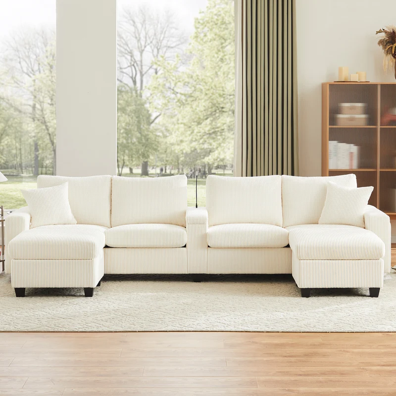 Canapé d'angle en U en velours côtelé beige avec 2 poufs coffres, lampe, ports USB/Type-C et LED 334x128,5x81cm FLAREVORN