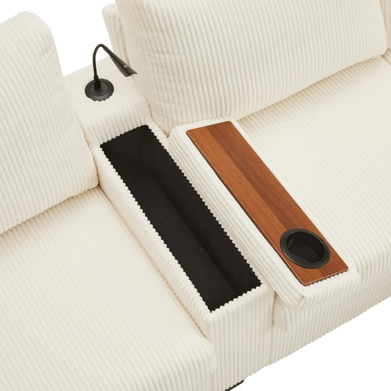 Canapé d'angle en U en velours côtelé beige avec 2 poufs coffres, lampe, ports USB/Type-C et LED 334x128,5x81cm FLAREVORN