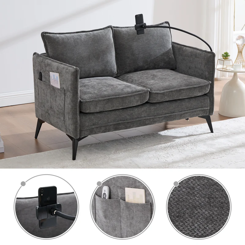 Canapé 2 places en tissu chenille gris avec support téléphone réglable 127x69x66cm INFINITEONYX
