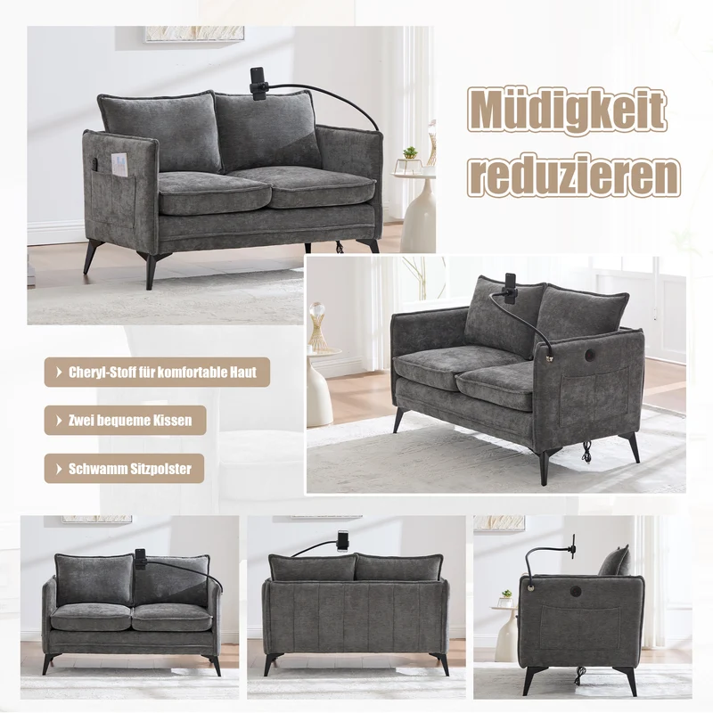 Canapé 2 places en tissu chenille gris avec support téléphone réglable 127x69x66cm INFINITEONYX