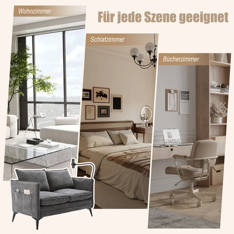 Canapé 2 places en tissu chenille gris avec support téléphone réglable 127x69x66cm INFINITEONYX