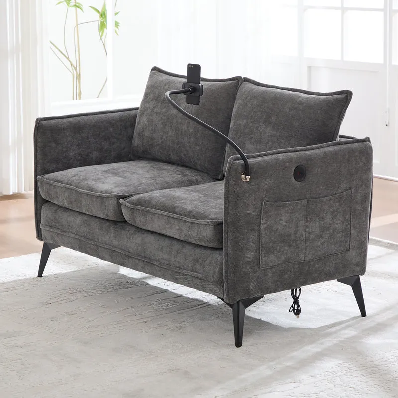 Canapé 2 places en tissu chenille gris avec support téléphone réglable 127x69x66cm INFINITEONYX