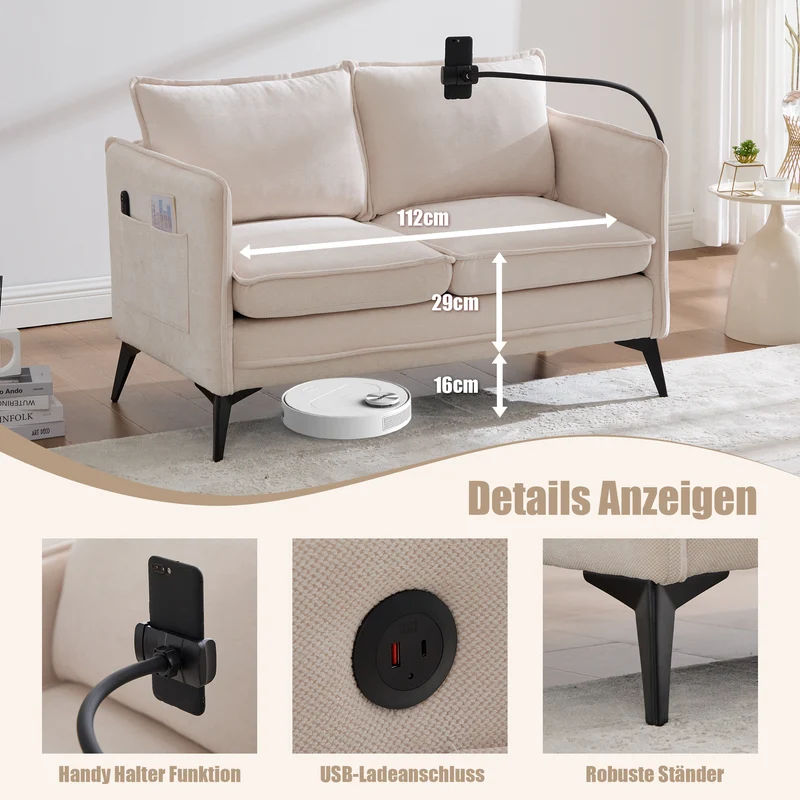 Canapé 2 places en tissu chenille beige avec support téléphone réglable 127x69x66cm INFINITEVORN