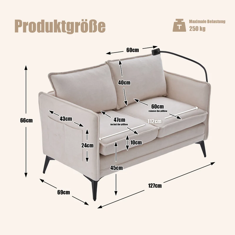 Canapé 2 places en tissu chenille beige avec support téléphone réglable 127x69x66cm INFINITEVORN