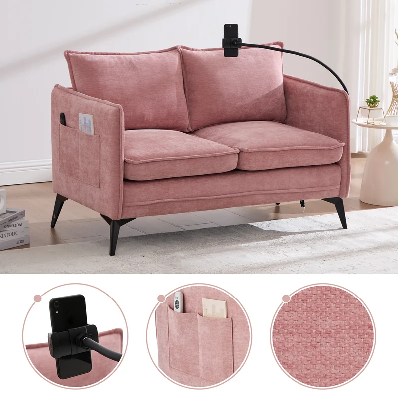 Canapé 2 places en tissu chenille rose avec support téléphone réglable 127x69x66cm INFINITEZORA