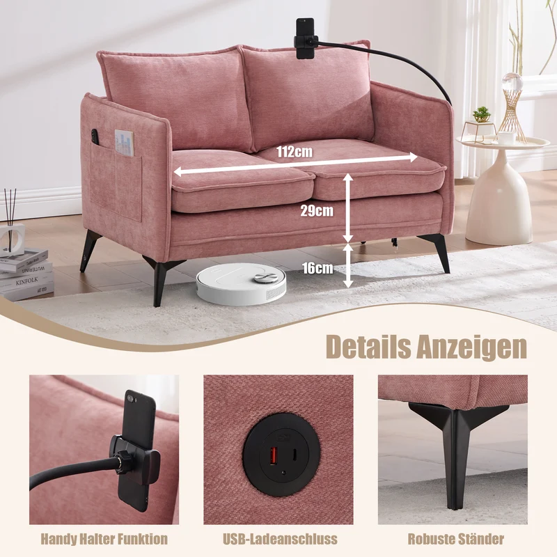 Canapé 2 places en tissu chenille rose avec support téléphone réglable 127x69x66cm INFINITEZORA