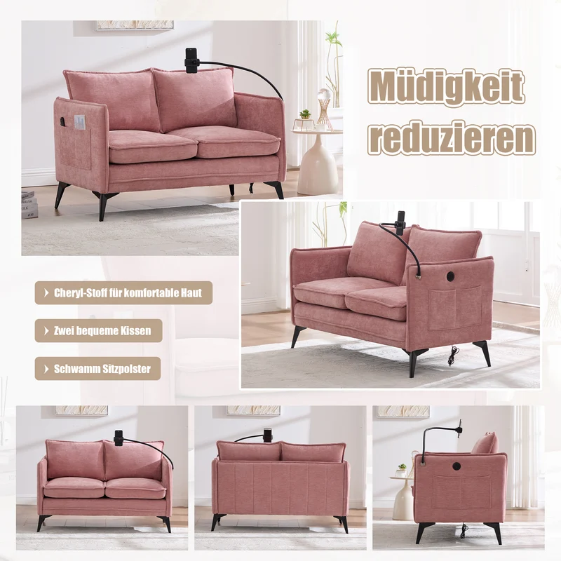 Canapé 2 places en tissu chenille rose avec support téléphone réglable 127x69x66cm INFINITEZORA