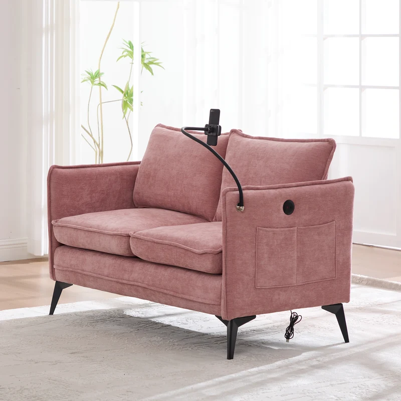Canapé 2 places en tissu chenille rose avec support téléphone réglable 127x69x66cm INFINITEZORA