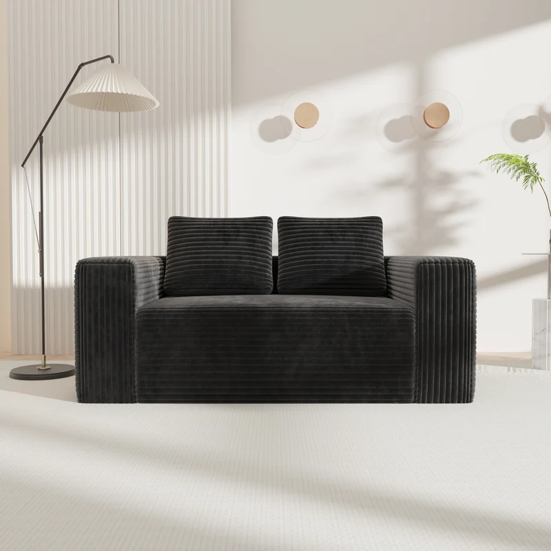 Canapé 2 places tissu côtelé noir avec coussins, sans montage INFINITEZYN
