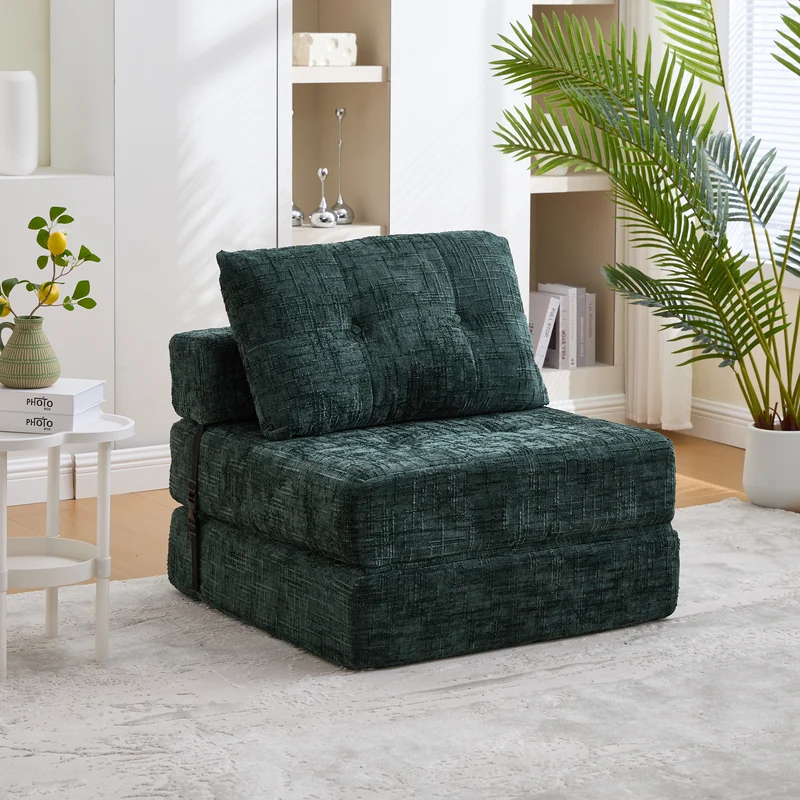 Fauteuil lit pliable vert en chenille avec coussins 79x79x57cm INFINITELOTH