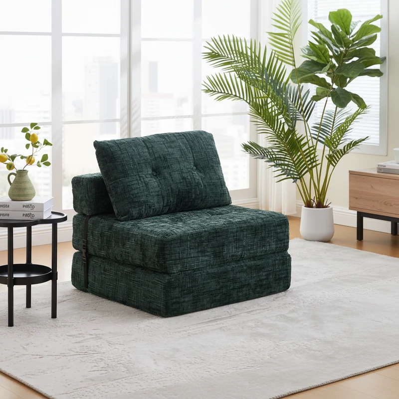 Fauteuil lit pliable vert en chenille avec coussins 79x79x57cm INFINITELOTH