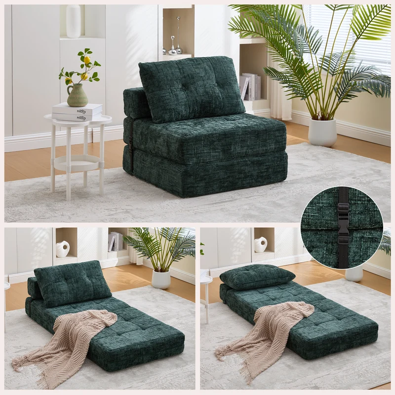 Fauteuil lit pliable vert en chenille avec coussins 79x79x57cm INFINITELOTH