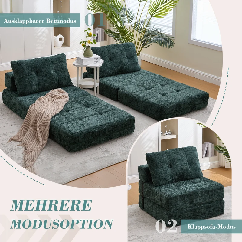 Fauteuil lit pliable vert en chenille avec coussins 79x79x57cm INFINITELOTH
