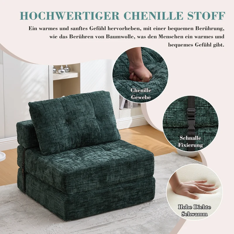 Fauteuil lit pliable vert en chenille avec coussins 79x79x57cm INFINITELOTH