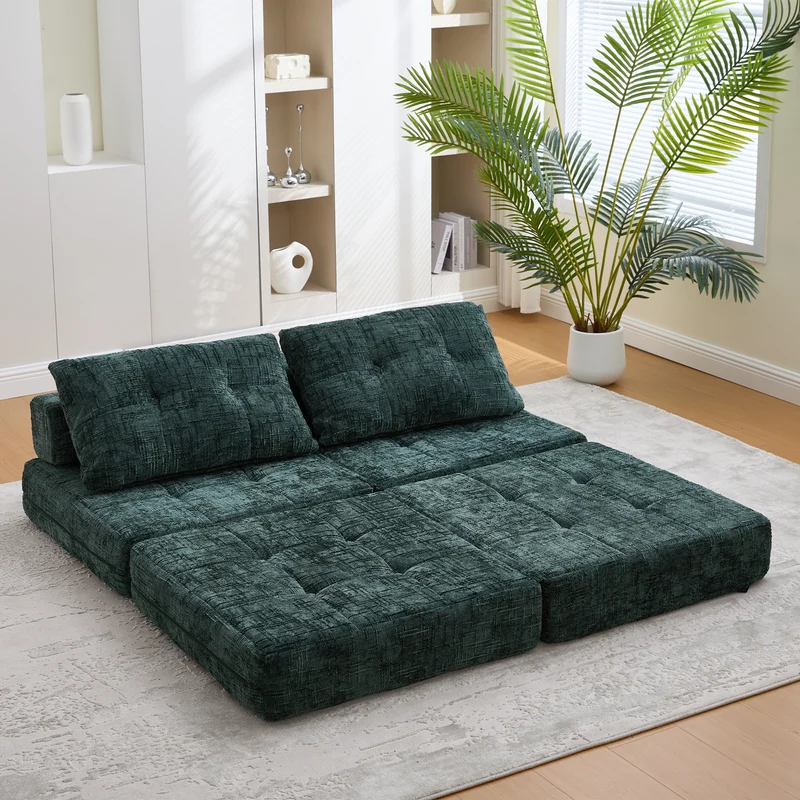 Fauteuil lit pliable vert en chenille avec coussins 79x79x57cm INFINITELOTH