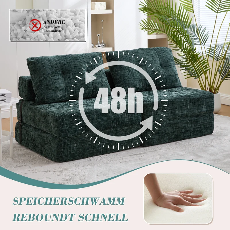 Fauteuil lit pliable vert en chenille avec coussins 79x79x57cm INFINITELOTH