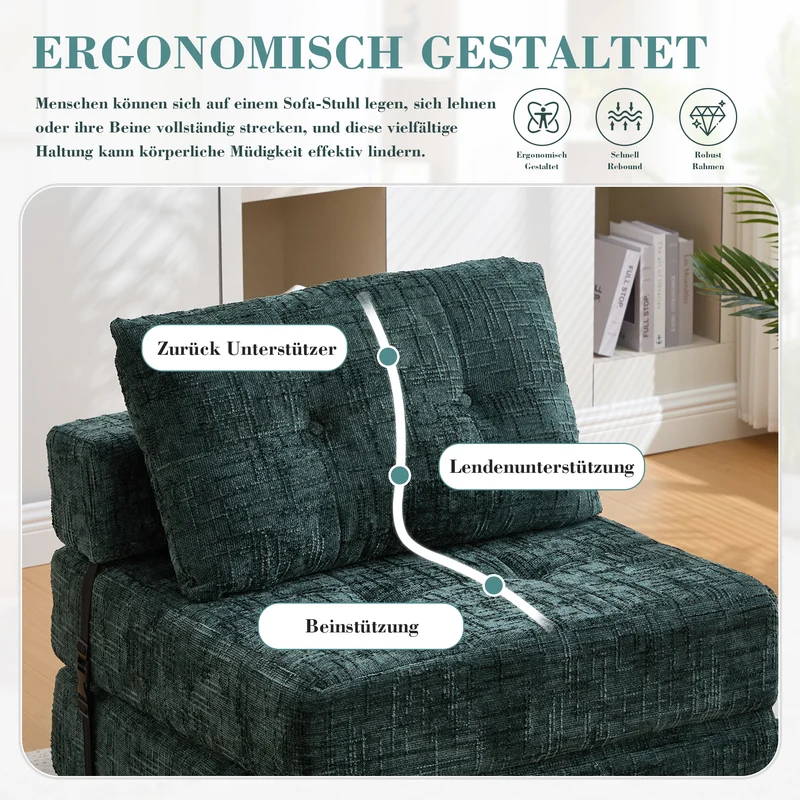 Fauteuil lit pliable vert en chenille avec coussins 79x79x57cm INFINITELOTH