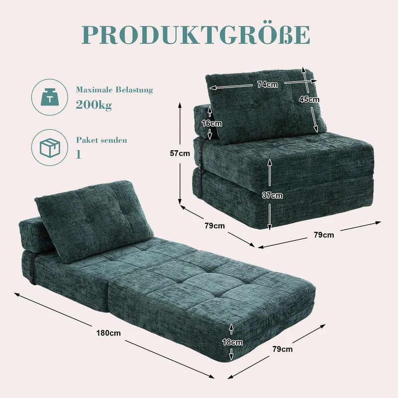 Fauteuil lit pliable vert en chenille avec coussins 79x79x57cm INFINITELOTH
