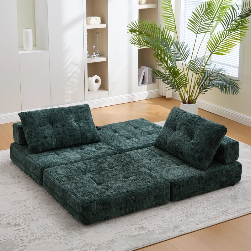 Fauteuil lit pliable vert en chenille avec coussins 79x79x57cm INFINITELOTH
