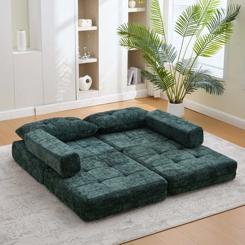 Fauteuil lit pliable vert en chenille avec coussins 79x79x57cm INFINITELOTH