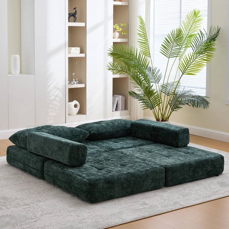 Fauteuil lit pliable vert en chenille avec coussins 79x79x57cm INFINITELOTH