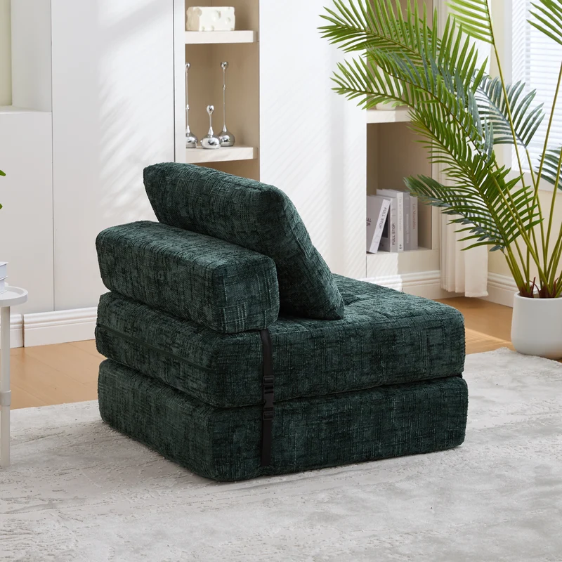 Fauteuil lit pliable vert en chenille avec coussins 79x79x57cm INFINITELOTH