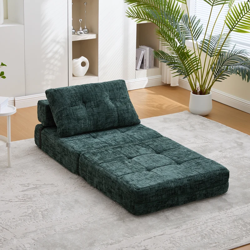 Fauteuil lit pliable vert en chenille avec coussins 79x79x57cm INFINITELOTH