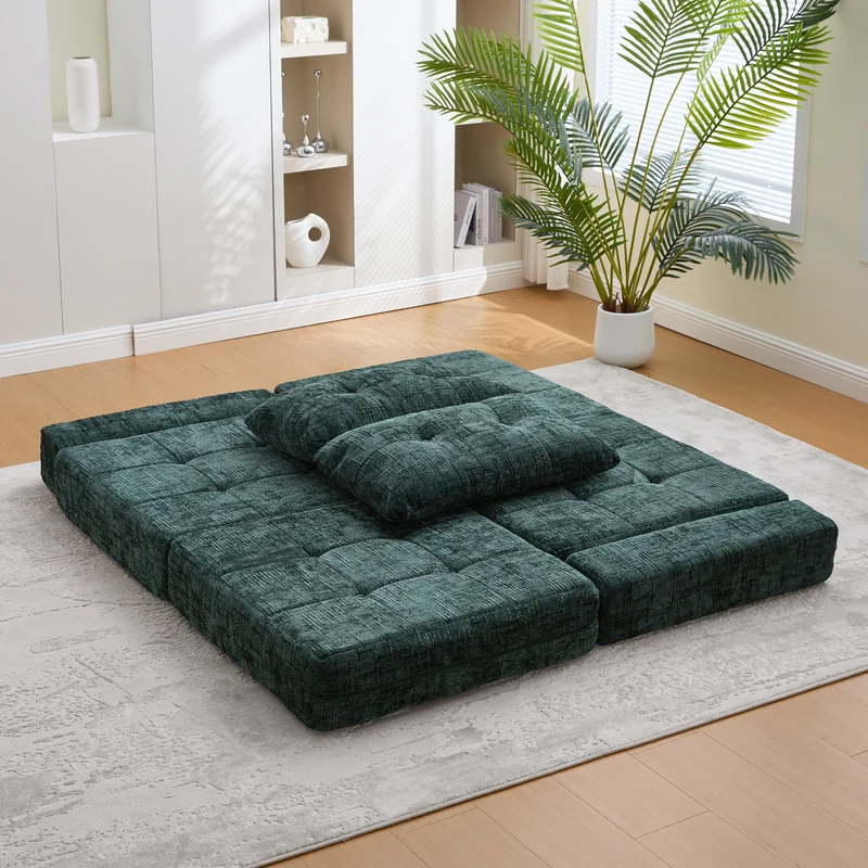 Fauteuil lit pliable vert en chenille avec coussins 79x79x57cm INFINITELOTH
