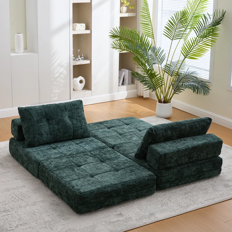 Fauteuil lit pliable vert en chenille avec coussins 79x79x57cm INFINITELOTH