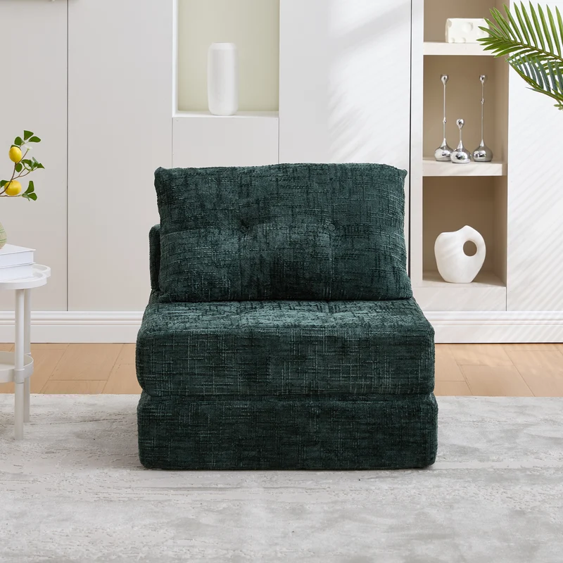 Fauteuil lit pliable vert en chenille avec coussins 79x79x57cm INFINITELOTH