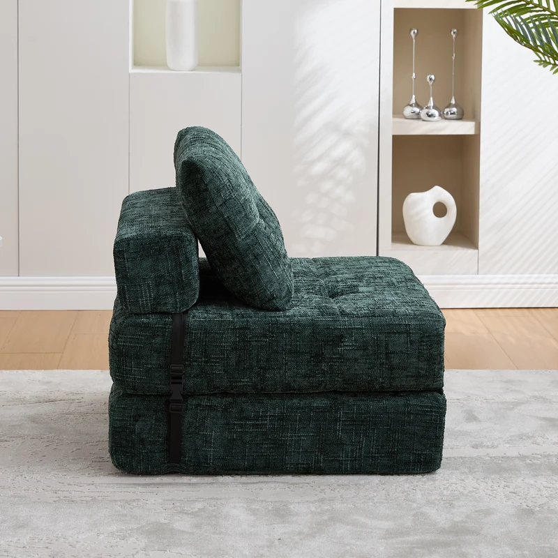 Fauteuil lit pliable vert en chenille avec coussins 79x79x57cm INFINITELOTH