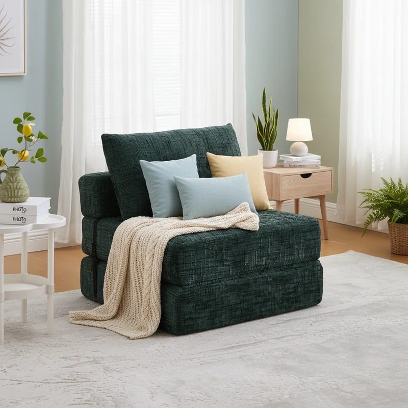 Fauteuil lit pliable vert en chenille avec coussins 79x79x57cm INFINITELOTH
