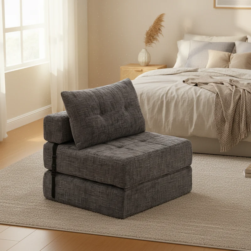 Fauteuil lit pliable gris en chenille avec coussins 79x79x57cm QUASARREX