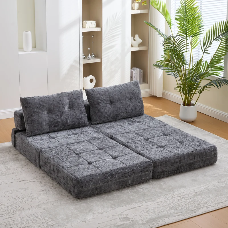 Fauteuil lit pliable gris en chenille avec coussins 79x79x57cm QUASARREX