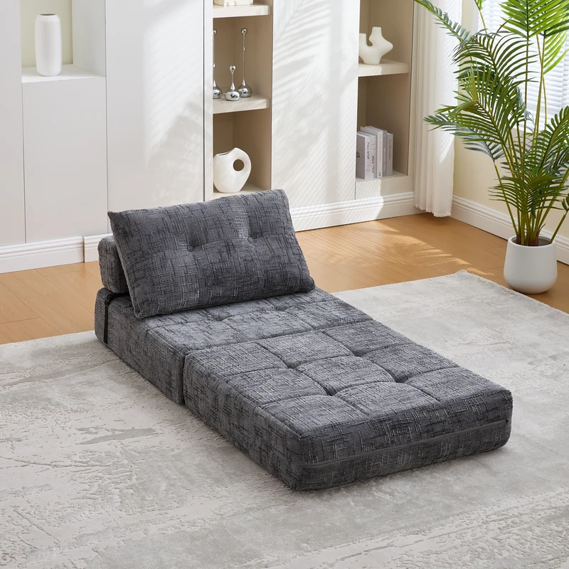 Fauteuil lit pliable gris en chenille avec coussins 79x79x57cm QUASARREX