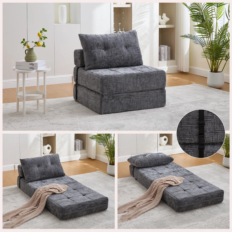 Fauteuil lit pliable gris en chenille avec coussins 79x79x57cm QUASARREX