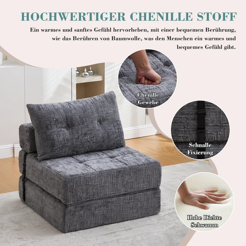Fauteuil lit pliable gris en chenille avec coussins 79x79x57cm QUASARREX