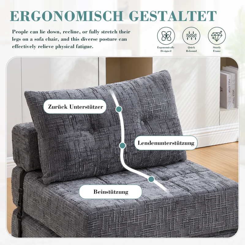 Fauteuil lit pliable gris en chenille avec coussins 79x79x57cm QUASARREX
