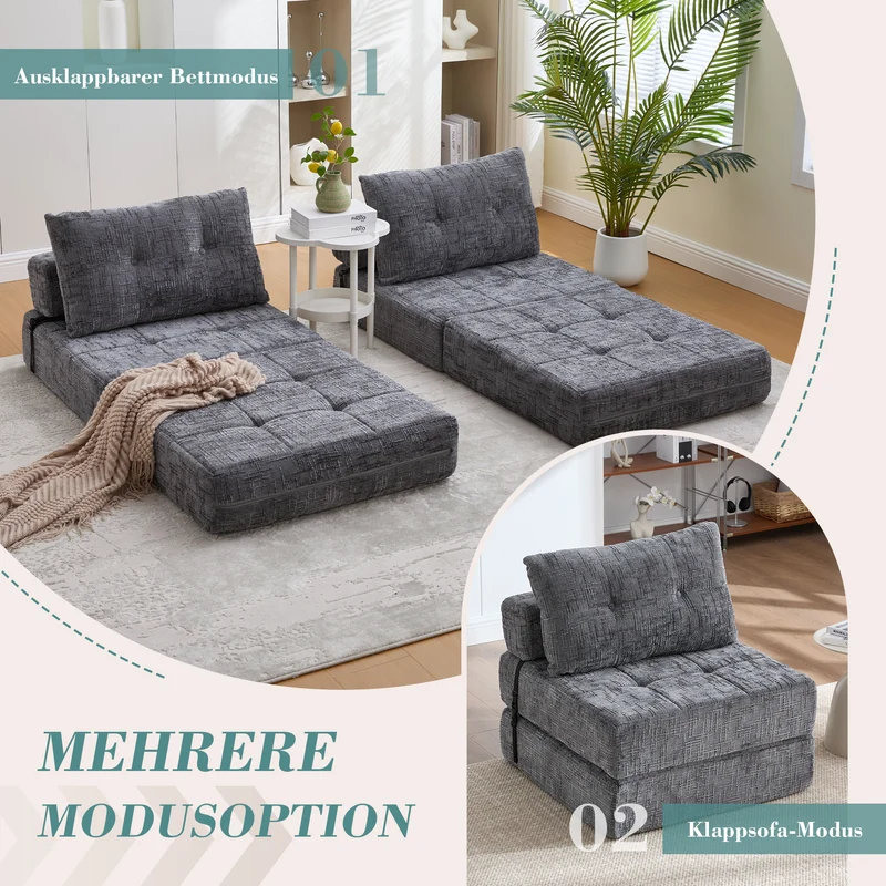Fauteuil lit pliable gris en chenille avec coussins 79x79x57cm QUASARREX