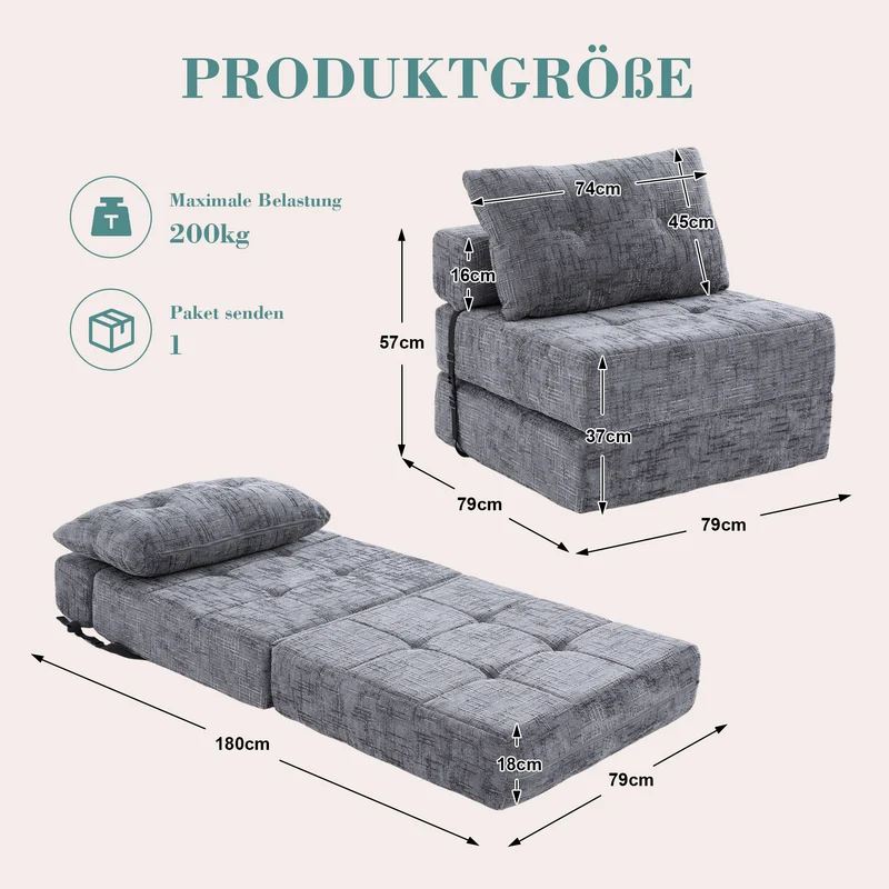 Fauteuil lit pliable gris en chenille avec coussins 79x79x57cm QUASARREX