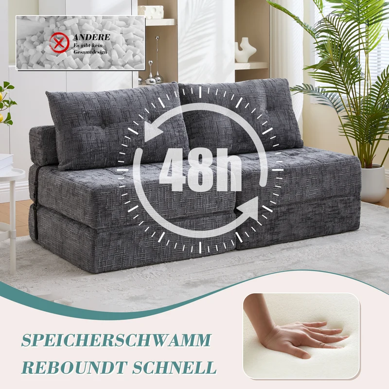 Fauteuil lit pliable gris en chenille avec coussins 79x79x57cm QUASARREX