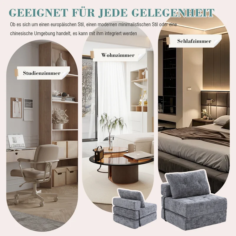 Fauteuil lit pliable gris en chenille avec coussins 79x79x57cm QUASARREX