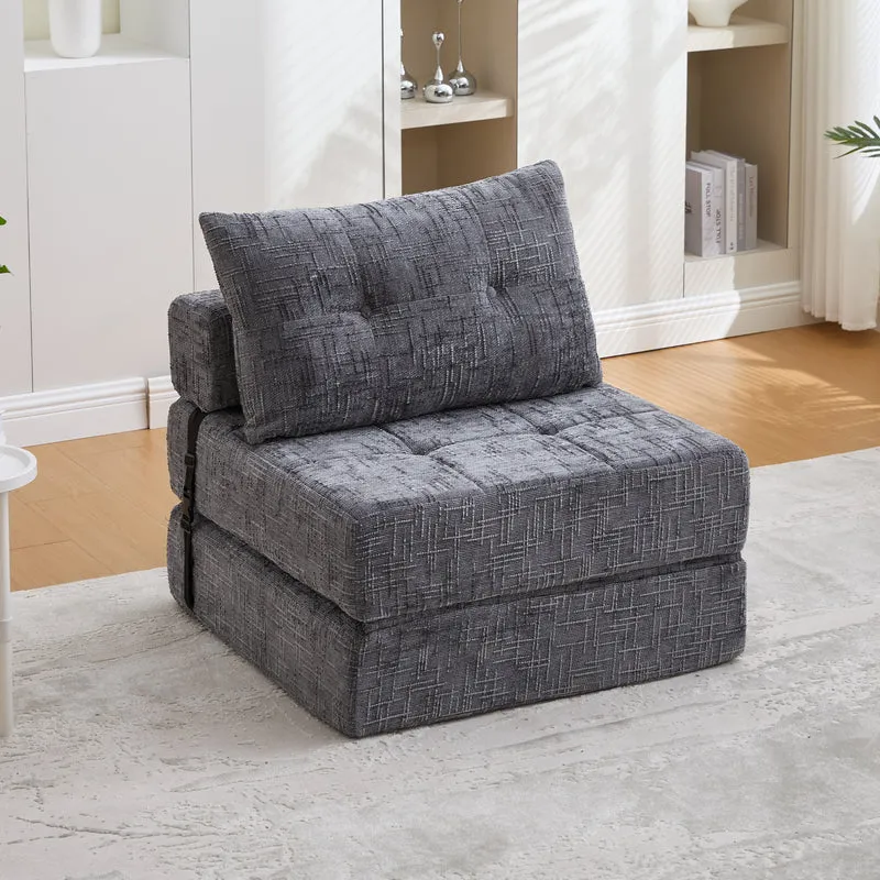 Fauteuil lit pliable gris en chenille avec coussins 79x79x57cm QUASARREX