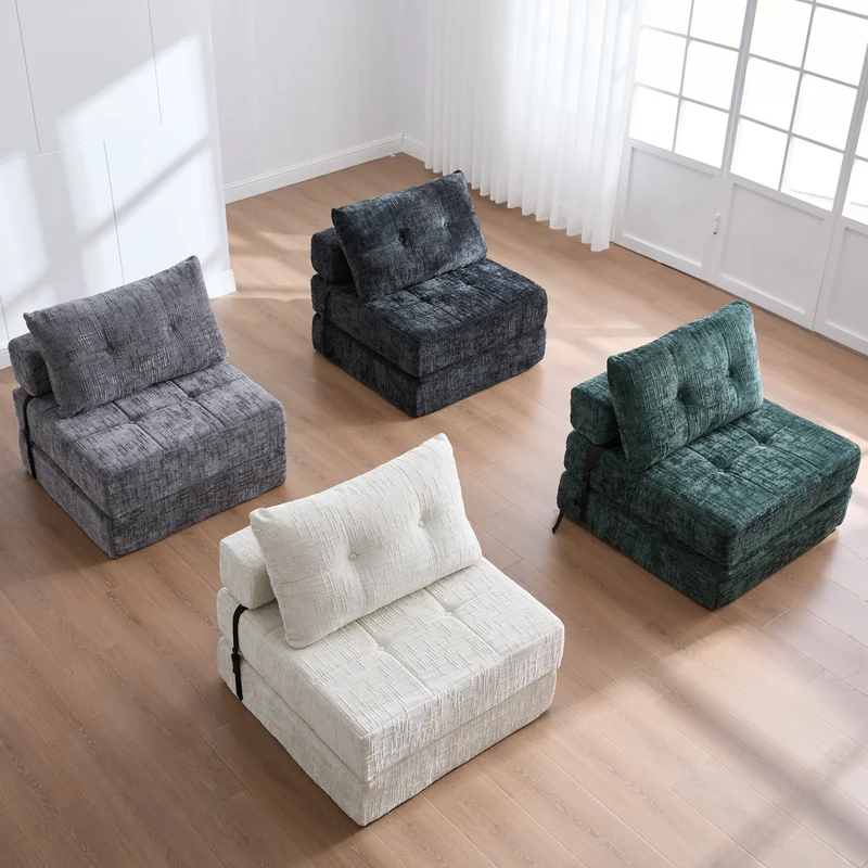Fauteuil lit pliable gris en chenille avec coussins 79x79x57cm QUASARREX
