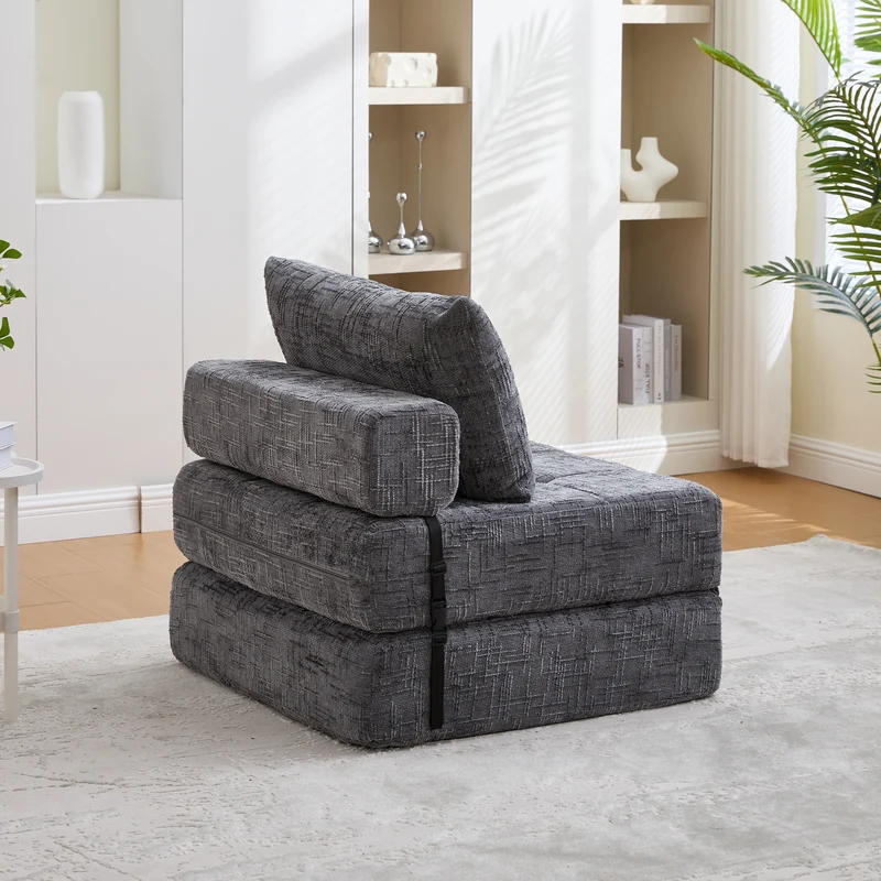 Fauteuil lit pliable gris en chenille avec coussins 79x79x57cm QUASARREX