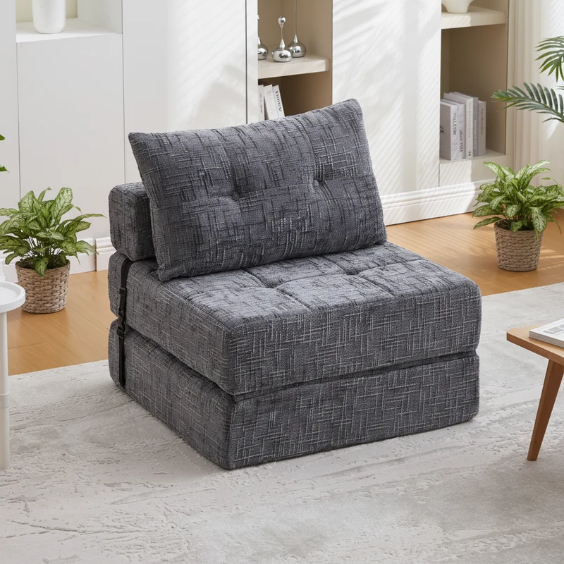 Fauteuil lit pliable gris en chenille avec coussins 79x79x57cm QUASARREX