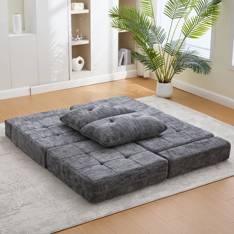 Fauteuil lit pliable gris en chenille avec coussins 79x79x57cm QUASARREX