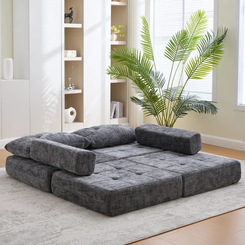 Fauteuil lit pliable gris en chenille avec coussins 79x79x57cm QUASARREX